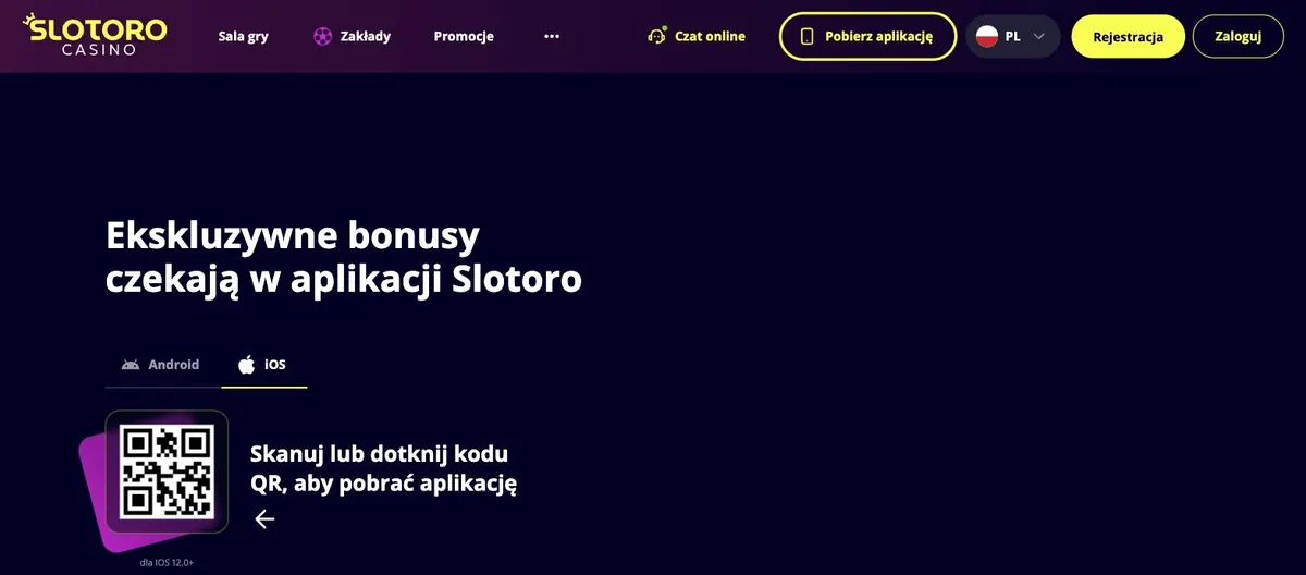 Slotoro aplikacja - strona pobierania z kodem QR