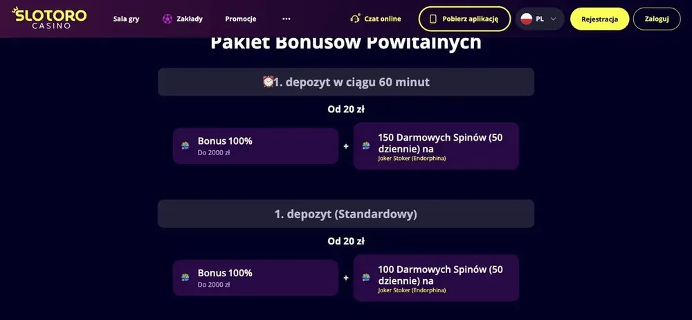 Slotoro bonus - szczegóły pakietu powitalnego
