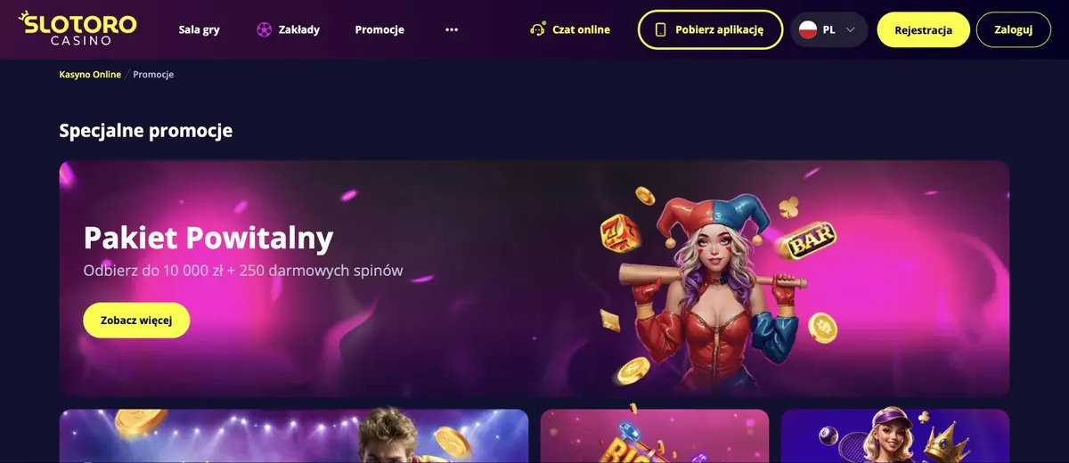 Slotoro darmowe spiny - strona promocji z pakietem