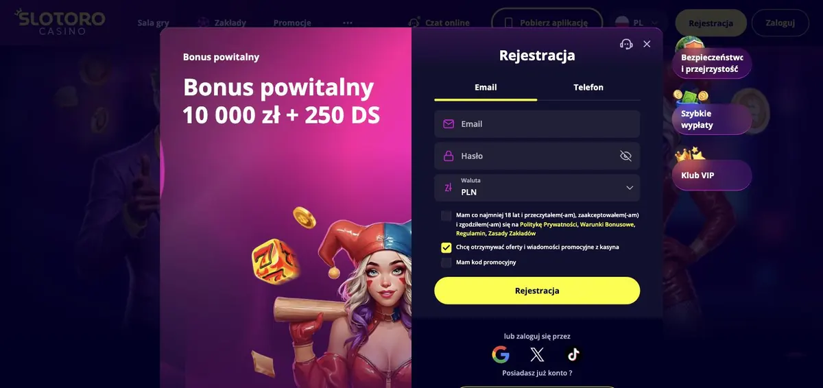 Slotoro czy warto - formularz rejestracji